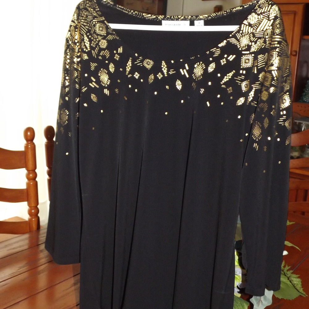 Dressy black top with gold metallic print trim